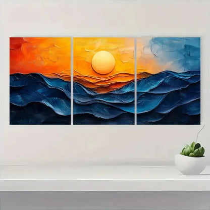 3pcs Vibrant Blue & Orange Ocean Waves Oil Impasto Metal Print Ready to Hang Art