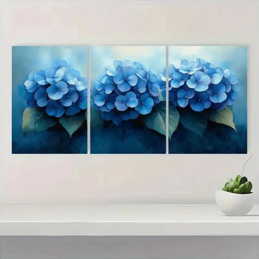 3pcs Elegant Blue Hydrangea Floral Watercolor Metal Print Ready to Hang Art