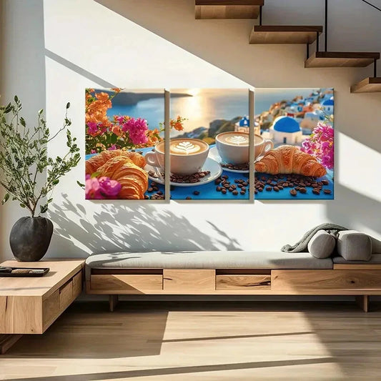 3pcs Coffee Croissant Floral Mediterranean View Metal Print Ready to Hang Art