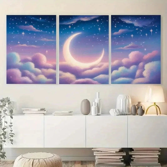 3pcs Moon Pink Clouds Stars Landscape Painting Metal Print Ready to Hang Art