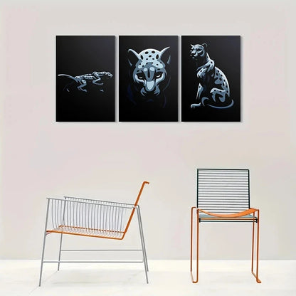 3pcs Blue Spotted Cats Modern Abstract Animal Metal Print Ready to Hang Art