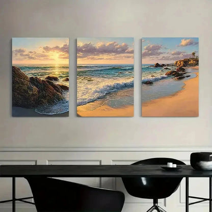 3pcs Panoramic View of The Beach at Sunset Metal Print Ready to Hang Art