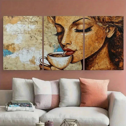 3pcs Abstract Lady Drinking Coffee Portrait Wall Art Set Canvas Framed 40x60cm - High Quality Print 100% Australian Made Wall Canvas Ready to Hang