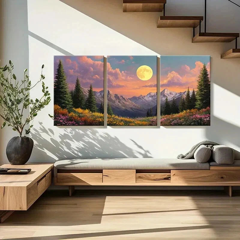 3pcs Mountain Landscape Pine Trees Wildflowers Metal Print Ready to Hang Art