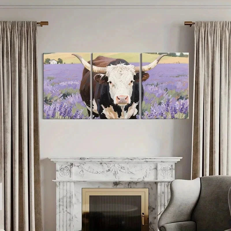 3pcs Cow Art Print Lavender Field Landscape Metal Print Ready to Hang Art