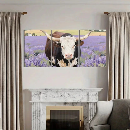 3pcs Cow Art Print Lavender Field Landscape Metal Print Ready to Hang Art