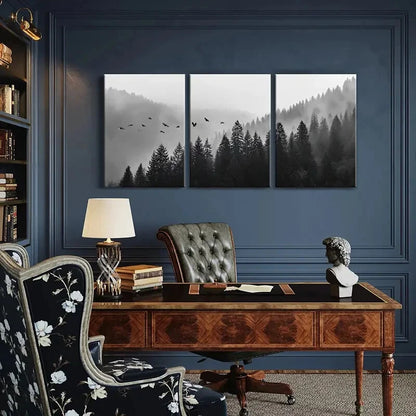 3pcs Misty Forest Landscape Flying Birds Dark Metal Print Ready to Hang Art