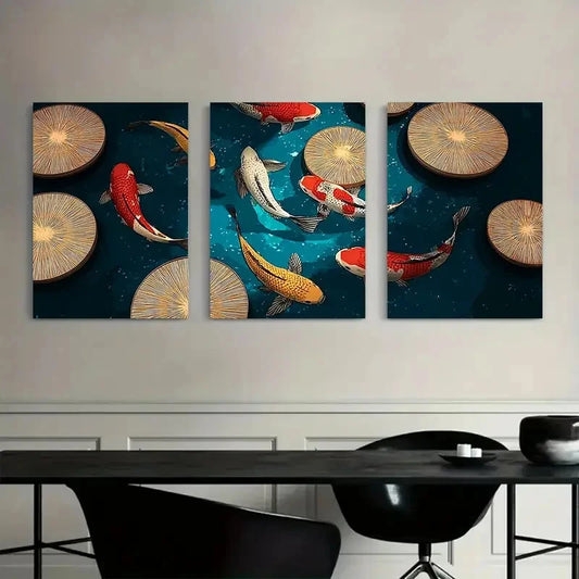 3pcs Colorful Koi Fish Swimming Metal Print Ready to Hang Art