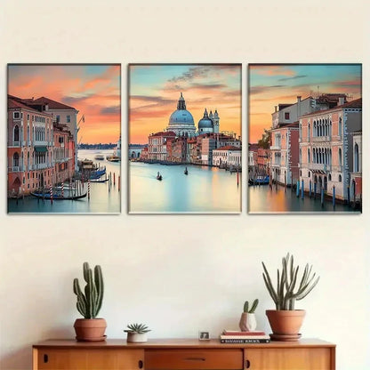 3pcs Sunset Over the Canal and Iconic Buildings Metal Print Ready to Hang Art