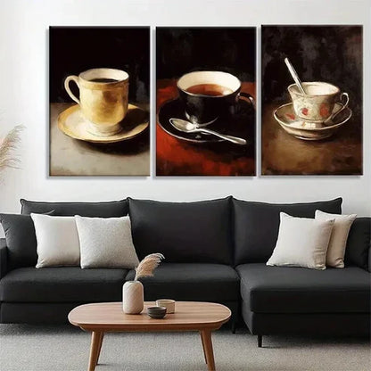 3pcs Elegant Sepia-Toned Coffee Cups Perfect Wall Art Set Canvas Unframed - High Quality Print 100% Australian Made Wall Canvas