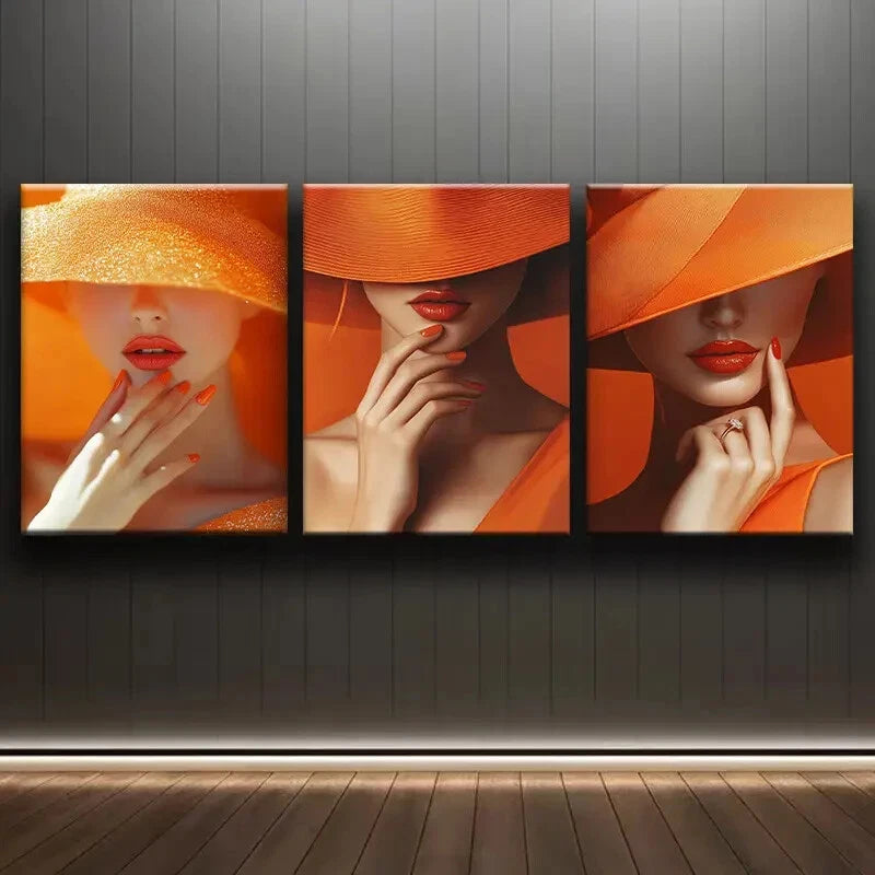 3pcs Elegant Woman In Orange Hat And Dress Metal Print Ready to Hang Art