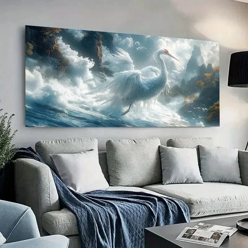 Majestic White Crane Sky wall canvas office home room framed 120x60cm - Bella Home Decor