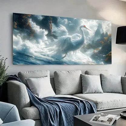 Majestic White Crane Sky wall canvas office home room framed 120x60cm - Bella Home Decor