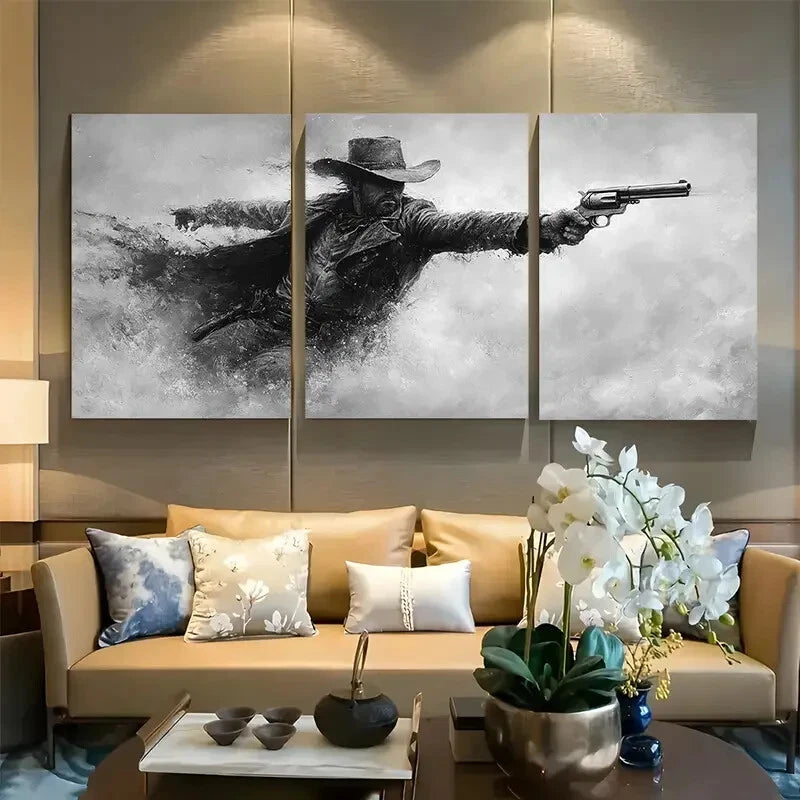 3pcs West Gunslinger Leaping with Revolver Metal Print Ready to Hang Art