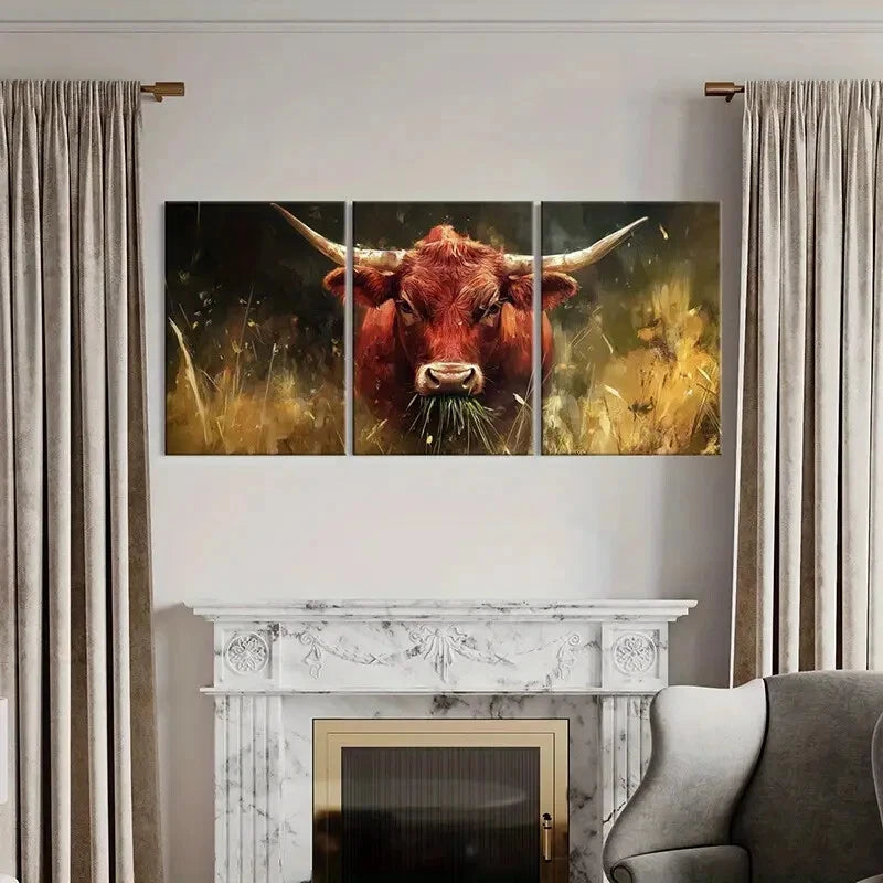 3pcs Cattle Bull Animal Landscape Golden Metal Print Ready to Hang Art