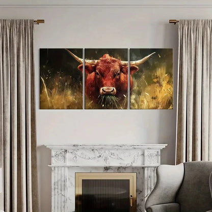 3pcs Cattle Bull Animal Landscape Golden Metal Print Ready to Hang Art