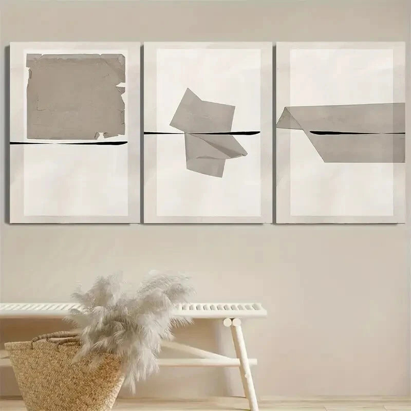 3pcs Neutral Japandi, Minimalist Scandinavian Metal Print Ready to Hang Art