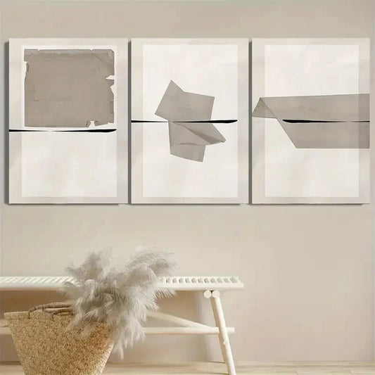 3pcs Neutral Japandi, Minimalist Scandinavian Metal Print Ready to Hang Art