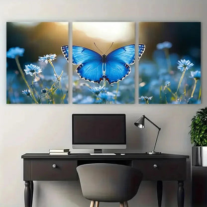 3pcs Pastel Blue Butterfly Serene Summer Meadow Metal Print Ready to Hang Art