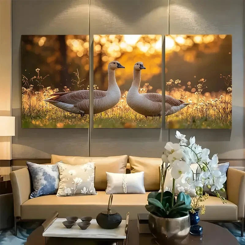3pcs White Geese Painting Farmyard Bird Summer Metal Print Ready to Hang Art