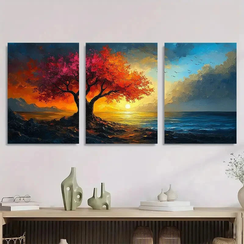 3pcs Colourful Painting Red Sunset Metal Print Ready to Hang Art