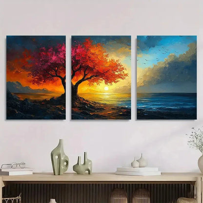 3pcs Colourful Painting Red Sunset Metal Print Ready to Hang Art