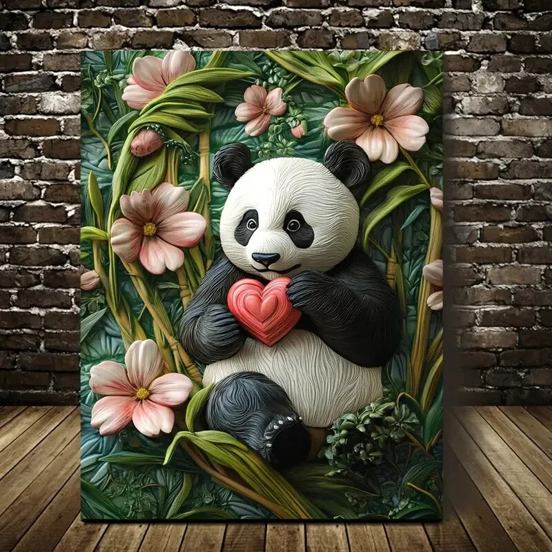 Beautiful Giant Panda Among Flowers Painting 40x60cm Metal Print Ready to Hang