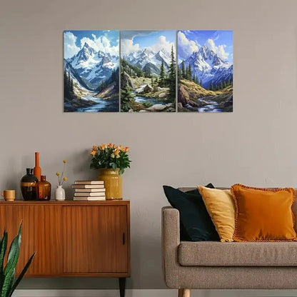 3pcs Snow Peaks, Pine Trees & Serene Streams Metal Print Ready to Hang Art
