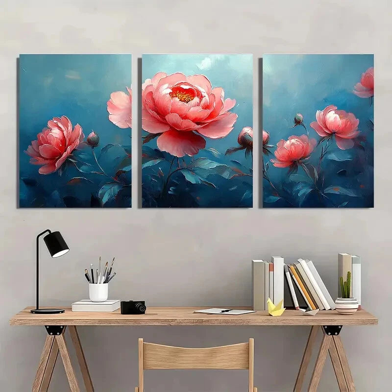 3pcs Elegant Peony Flower Pink & Blue Floral Metal Print Ready to Hang Art