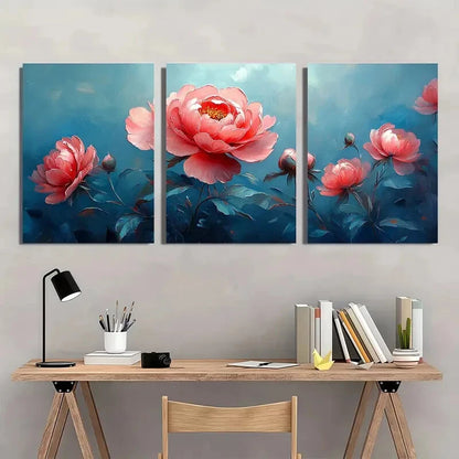 3pcs Elegant Peony Flower Pink & Blue Floral Metal Print Ready to Hang Art