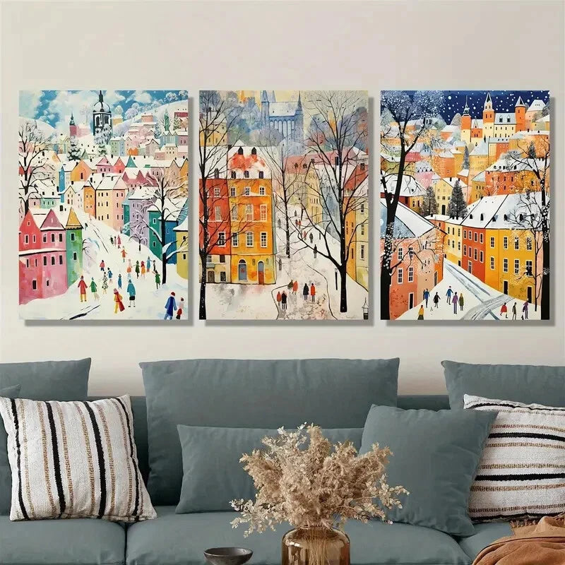 3pcs ,Winter snow scene, urban art, trees, Metal Print Ready to Hang Art