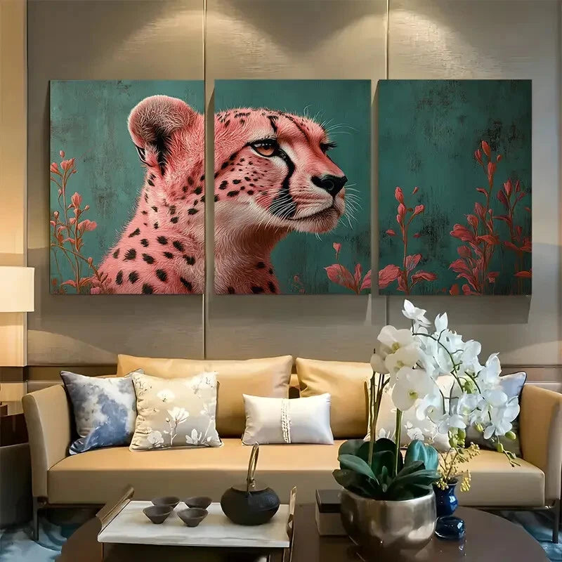 3pcs Pink Cheetah Portrait Emerald Green Metal Print Ready to Hang Art