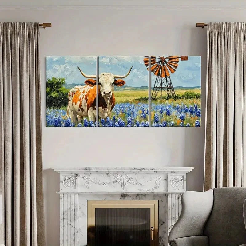 3pcs Texas Longhorn Cow Bluebonnet Flowers Metal Print Ready to Hang Art