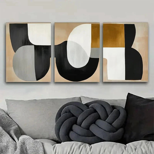 3pcs Black and White Golden Beige Color Metal Print Ready to Hang Art