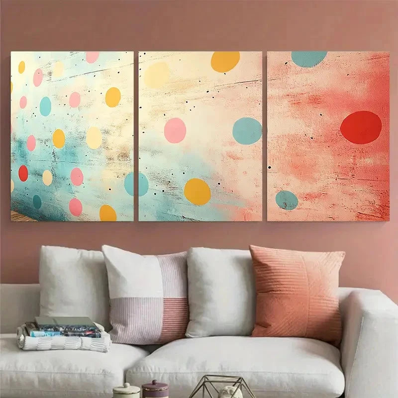 3pcs Vibrant Abstract Polka Dot in Pastel Shades Metal Print Ready to Hang Art