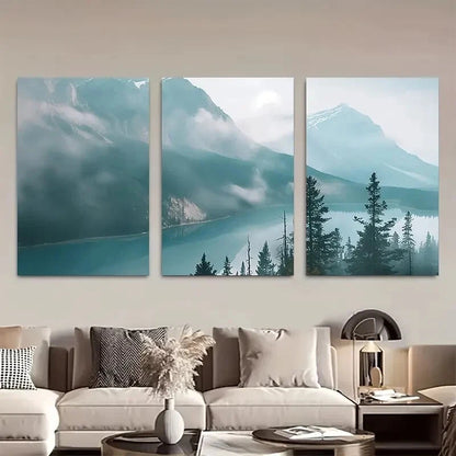 3pcs Tranquil Mountain Misty Lake Landscape Metal Print Ready to Hang Art