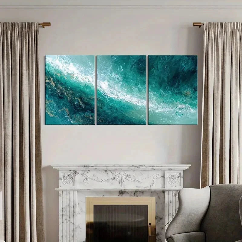 3pcs Abstract Ocean Waves Turquoise Art Metal Print Ready to Hang Art