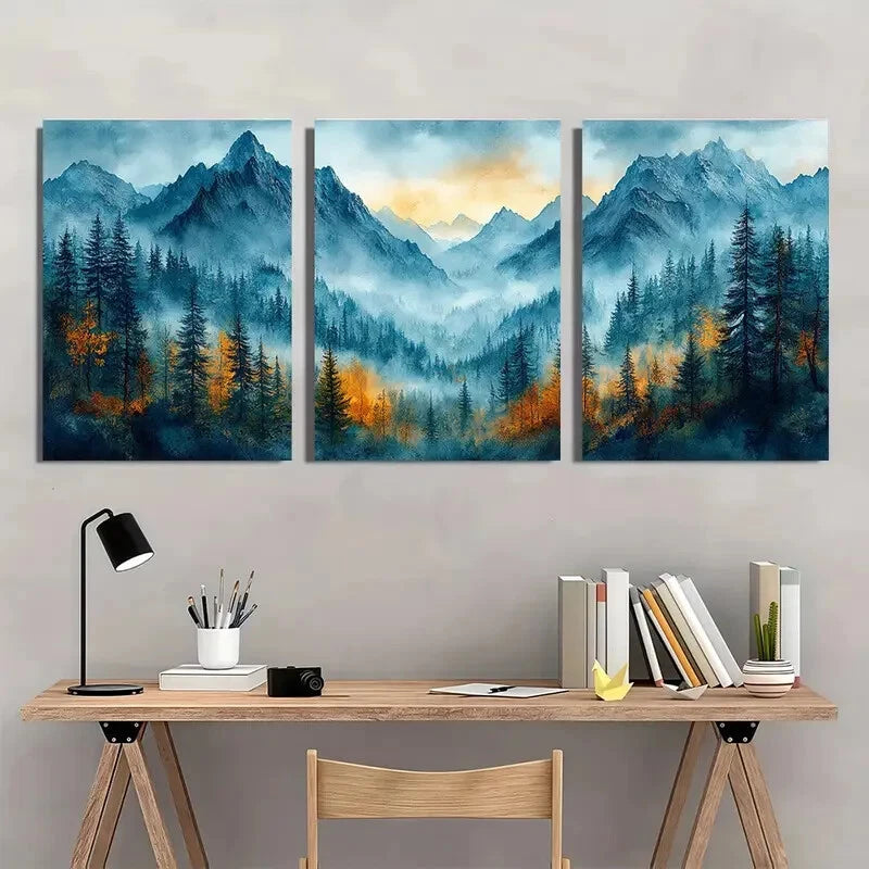 3pcs Mountain Forest Misty Pine Tree Landscape Metal Print Ready to Hang Art