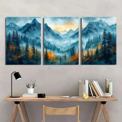 3pcs Mountain Forest Misty Pine Tree Landscape Metal Print Ready to Hang Art