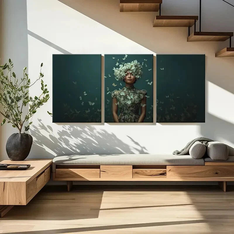 3pcs Elegant Woman Floral Crown Butterfly Surround Metal Print Ready to Hang Art