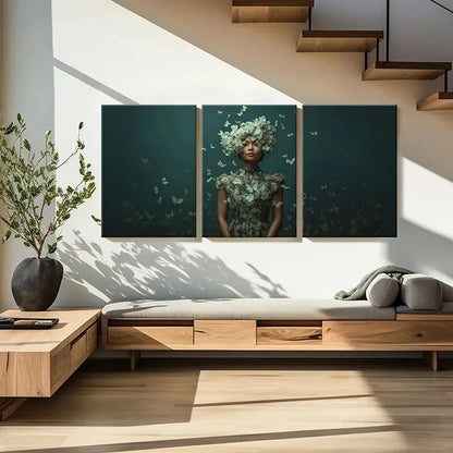 3pcs Elegant Woman Floral Crown Butterfly Surround Metal Print Ready to Hang Art