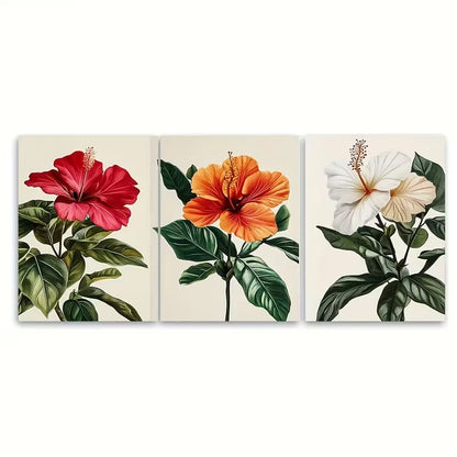3pcs Red, Orange, and White Flowers Metal Print Ready to Hang Art