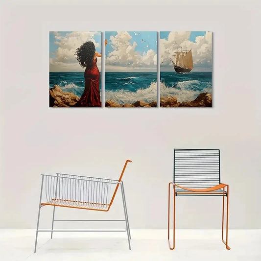 3pcs Woman in Red Dress and Sailing Ship Metal Print Ready to Hang Art