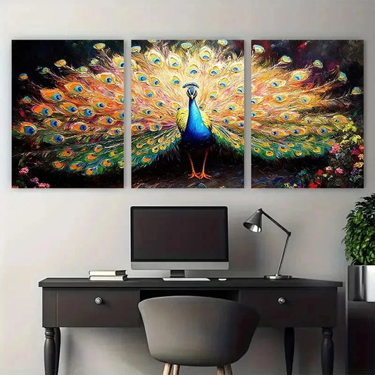 3pcs Vibrant Peacock with Detailed Feathers Design Metal Print Ready to Hang Art
