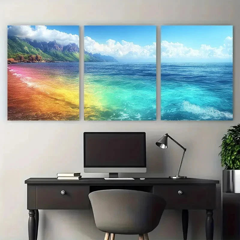 3pcs Vibrant Rainbow Seascape Turquoise Ocean Metal Print Ready to Hang Art