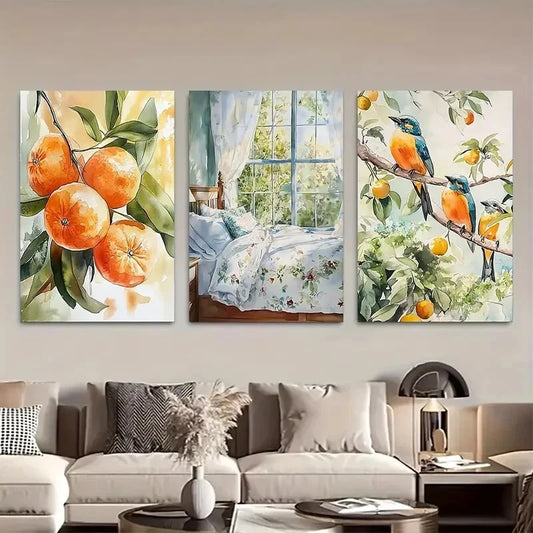 3pcs Orange Bird Mandarin Soft Green Spring Design Metal Print Ready to Hang Art