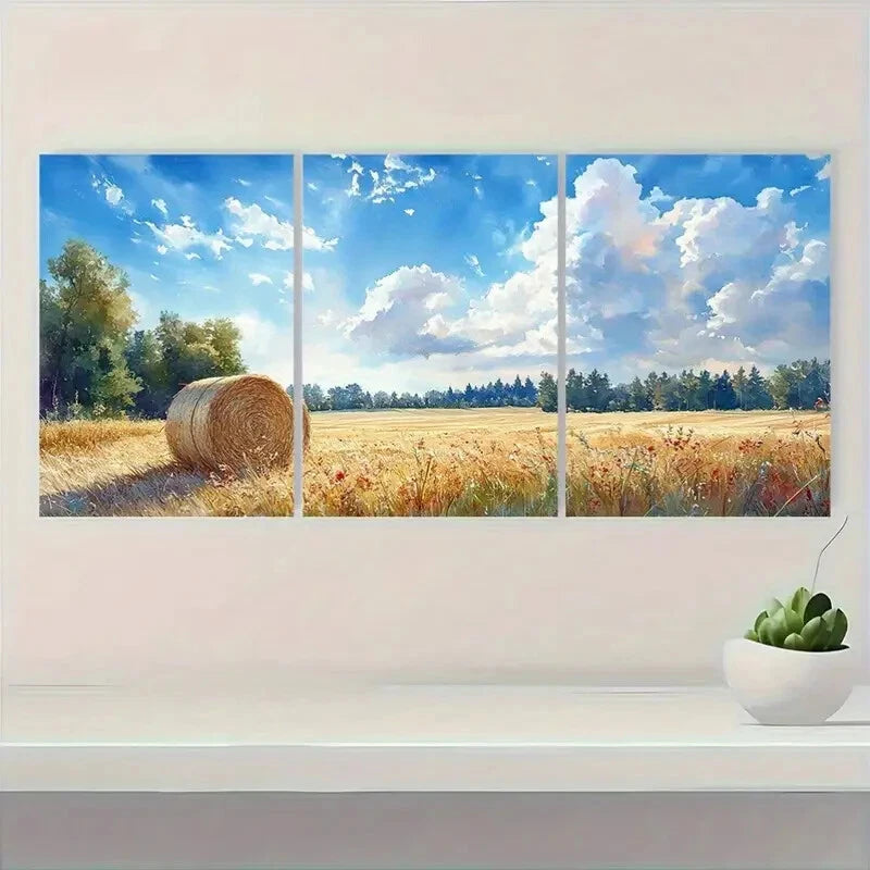 3pcs Rustic Haystacks Serene Countryside Landscape Metal Print Ready to Hang Art