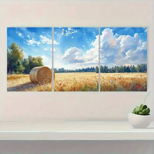3pcs Rustic Haystacks Serene Countryside Landscape Metal Print Ready to Hang Art