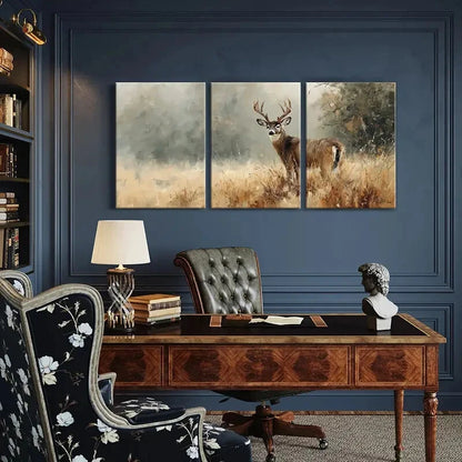 3pcs Artistic Deer Landscape Painting Wildlife Metal Print Ready to Hang Art