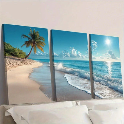 3pcs Tropical Beach and Palm Tree Wall Art Set Canvas Framed 50x70cm - High Quality Print 100% Australian Made Wall Canvas Ready to Hang